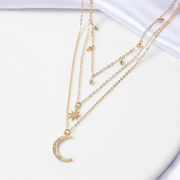 Layered Gold Moon and Star Necklace - Picture 3 of 9